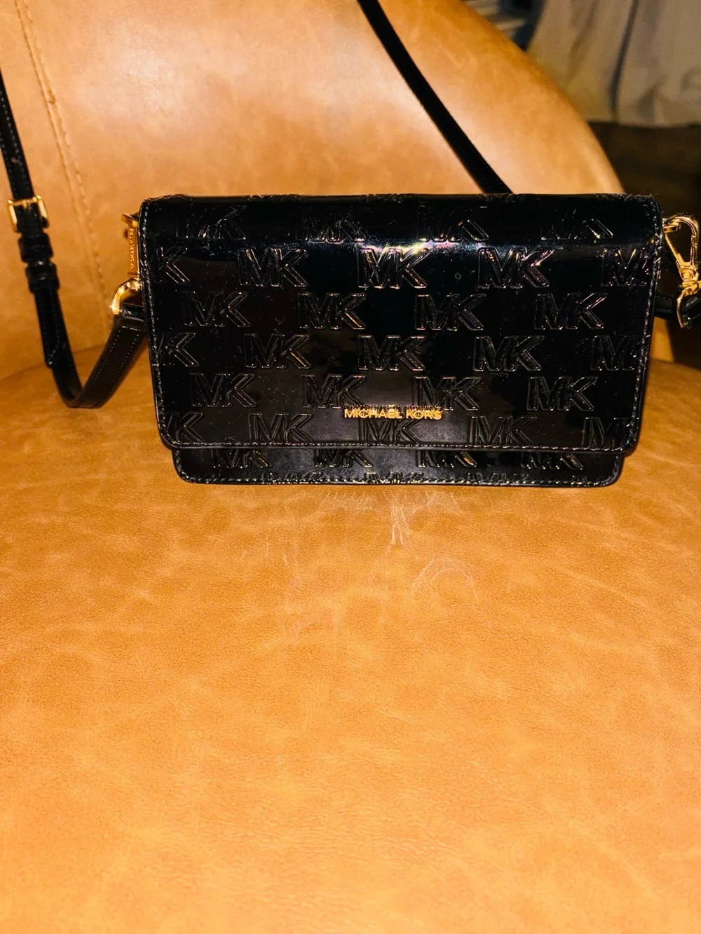 Michael Kors Black Patent MK Monogram Crossbody with Gold Hardware